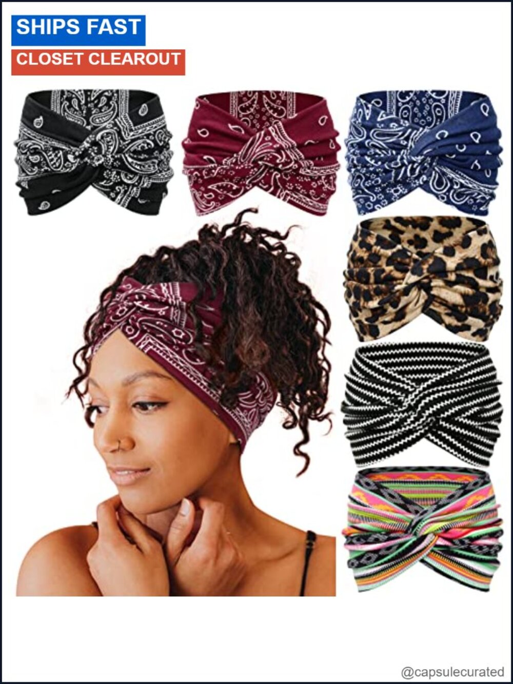 7'' Wide Boho Turban Headbands Polyester Spandex Twisted Hair Accessories 6 Pack